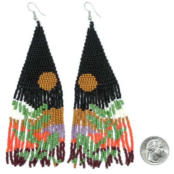 5 1/2"L Stunning Colorful Botanical Landscape Hand Beaded Tassel Earrings New - Picture 4 of 4